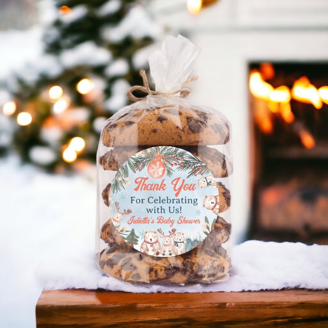 Adesivo Redondo Chá de fraldas de Natal para o inverno de animais  (Cute Arctic Animals Winter Christmas baby shower Classic Round Sticker)