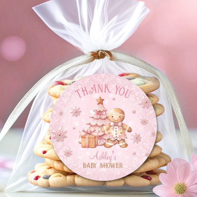 Adesivo Redondo Chá de fraldas de Natal Rosa (Gingerbread Man Girl Pink Christmas Baby Shower Classic Round Sticker)