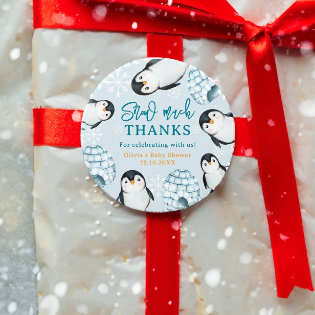 Adesivo Redondo Chá de fraldas de neve de pinguim de inverno obrig (Winter penguin igloos snow baby shower thank you classic round sticker)