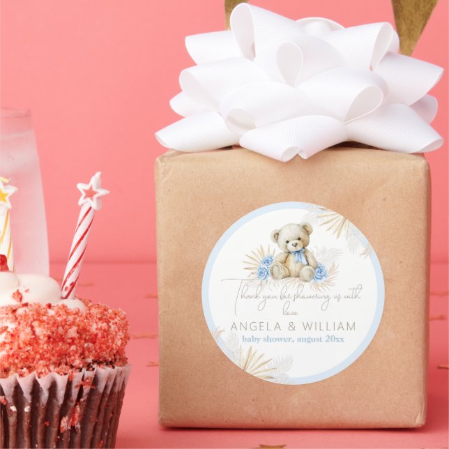 Adesivo Redondo Chá de fraldas de Obrigados Blue Boy do Urso Teddy (Festa)