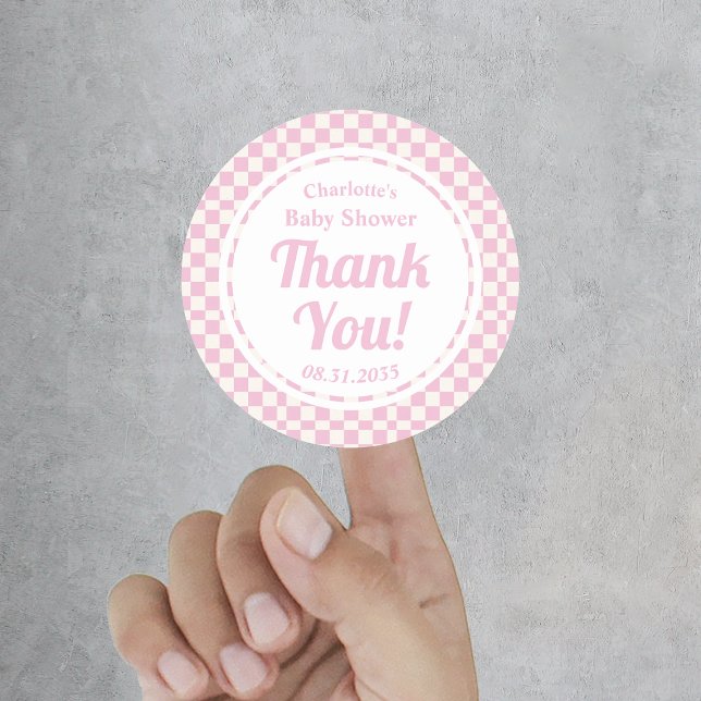 Adesivo Redondo Chá de fraldas De Pastel Rosa, Rosa, Obrigado (Retro Pink Pastel Girl Baby Shower Thank You Classic Round Sticker
)