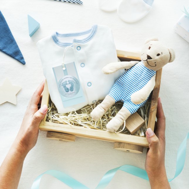 Adesivo Redondo Chá de fraldas de Pés Azuis Agradeço (Blue Heart Feet Baby Shower Favor Thank You Boy Classic Round Sticker)