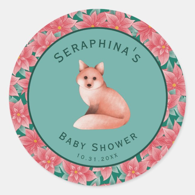 Adesivo Redondo Chá de fraldas de Poinsettia Fox de Natal (Frente)