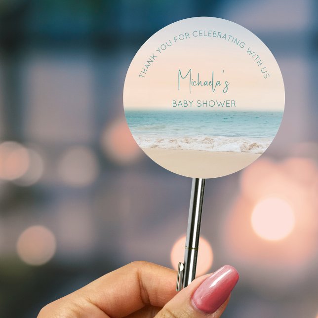 Adesivo Redondo Chá de fraldas de Praia do Obrigado Personalizado (Criador carregado)