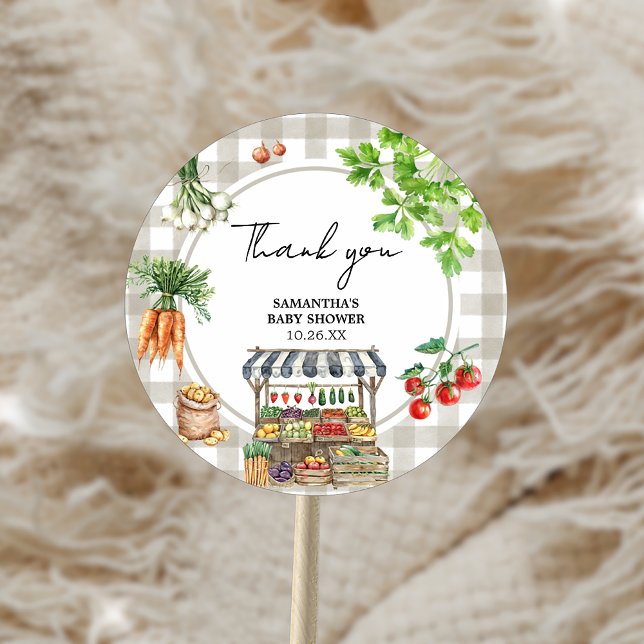 Adesivo Redondo Chá de fraldas De Produção Local (Farmers Market Locally Grown Baby Shower Sticker)