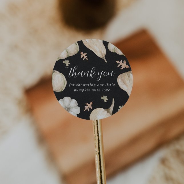 Adesivo Redondo Chá de fraldas De Pumpkins Branco Russo Obrigado (Criador carregado)