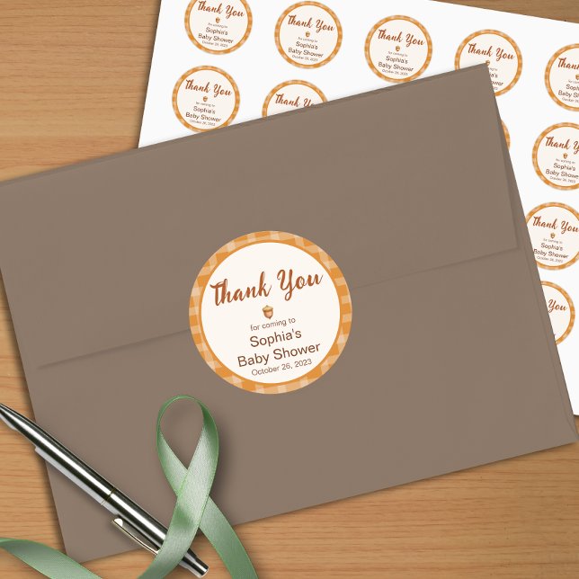 Adesivo Redondo Chá de fraldas De Queda, Pequeno Abóbora, Xadrez,  (Criador carregado)