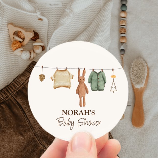 Adesivo Redondo Chá de fraldas de roupas íntimas de Boho Winter Bo (Cute Minimal Boho Winter Boy Clothes Baby Shower Classic Round Sticker)