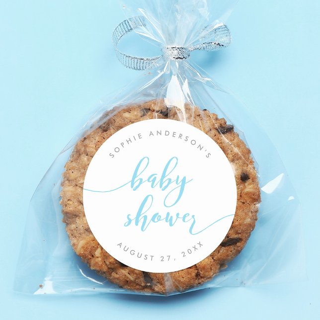 Adesivo Redondo Chá de fraldas de Script de Relaxamento Azul (Criador carregado)