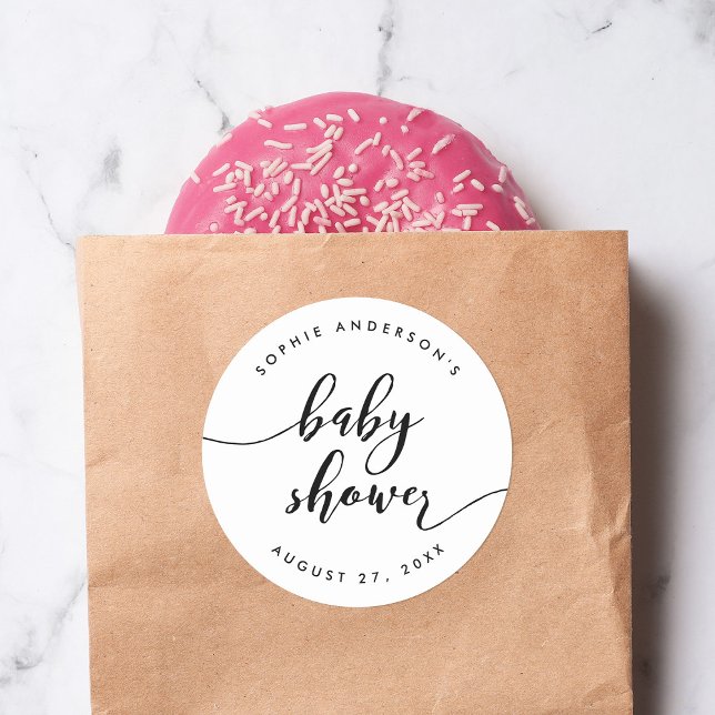 Adesivo Redondo Chá de fraldas de Script de Relaxe Preto e Branco (Criador carregado)