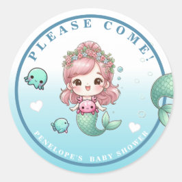 Adesivo Redondo Chá de fraldas de Sereia Adorável, Rosa Verde Azul