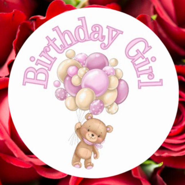 Adesivo Redondo Chá de fraldas de Urso de Birthday (Celebrate your baby shower with our adorable Birthday Girl Bear classic round sticker.)