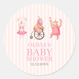 Adesivo Redondo Chá de fraldas de Urso de Corda de Circo Cor Rosa