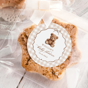 Adesivo Redondo Chá de fraldas de Urso de Gingham Neutro com Sexo