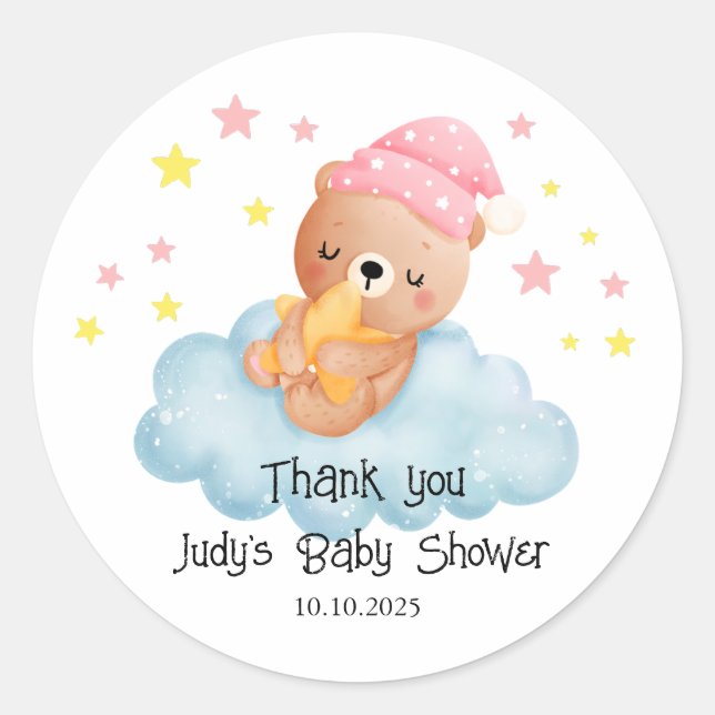 Adesivo Redondo Chá de fraldas de Urso Menor Rosa (Frente)