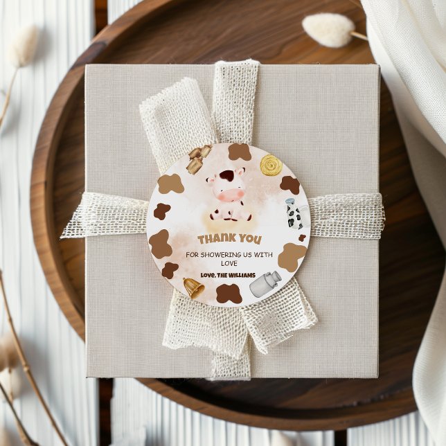 Adesivo Redondo Chá de fraldas De Vaca De Fazenda Boho Obrigado (Criador carregado)