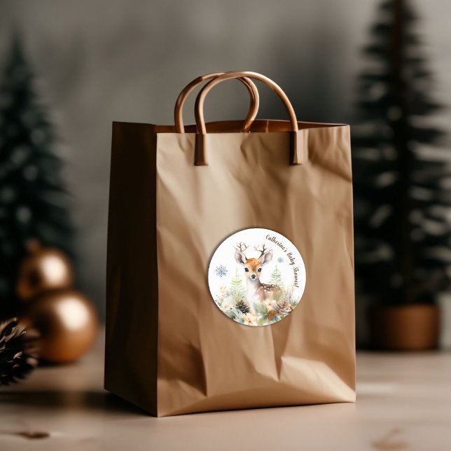 Adesivo Redondo Chá de fraldas de Veado da Madeira (Winter Deer Gender Neutral Baby Shower Classic Round Sticker)