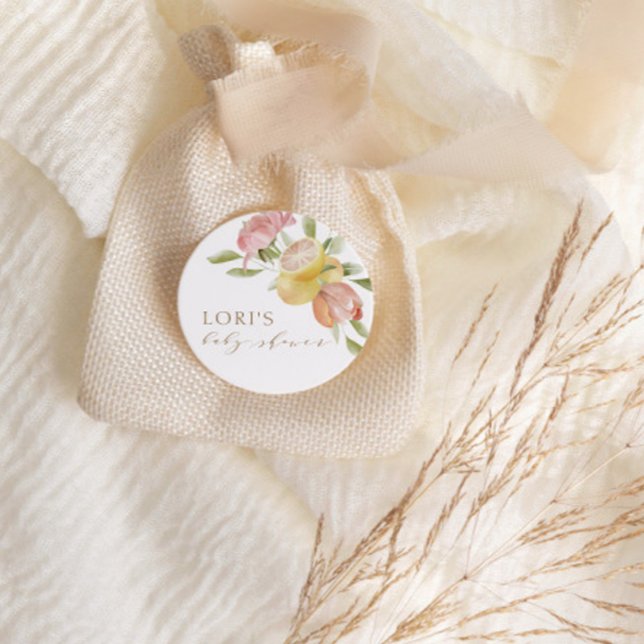 Adesivo Redondo Chá de fraldas de Verão de Limonada Rosa Moderna (Criador carregado)