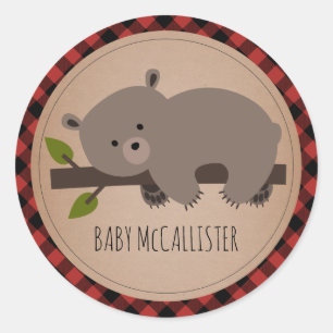 Adesivo Redondo Chá de fraldas de Xadrez de Urso Bebês Sonolento