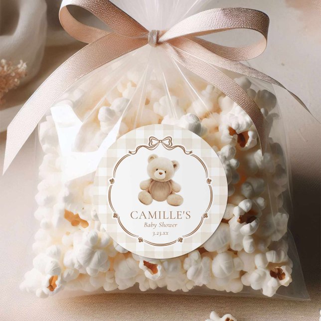 Adesivo Redondo Chá de fraldas de Xadrez do Urso de Teddy (Teddy Bear Baby Shower Round sticker)