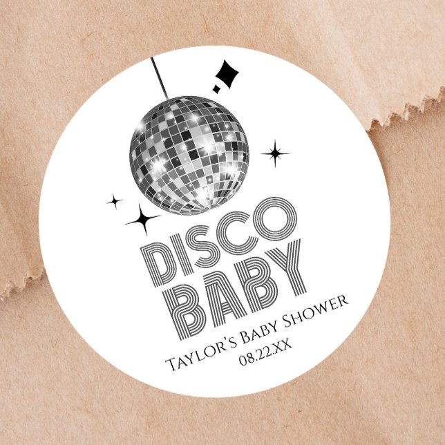 Adesivo Redondo Chá de fraldas 'Disco Baby' da Silver Disco Ball (Criador carregado)