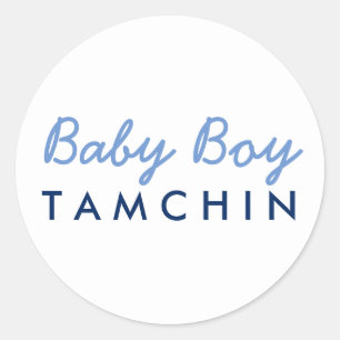 Adesivo Redondo Chá de fraldas do Baby Boy Sobrenome Sticker Blue