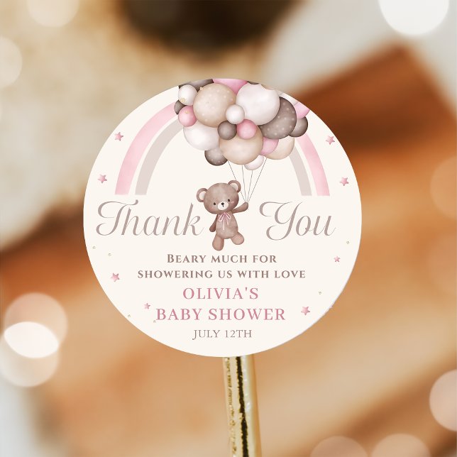 Adesivo Redondo Chá de fraldas do Balão do Urso Cinza Rosa (Criador carregado)