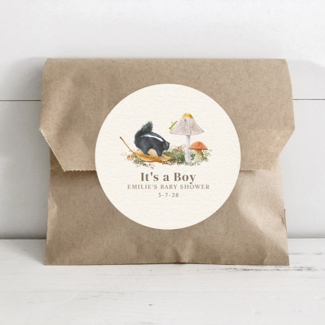 Adesivo Redondo Chá de fraldas do Skunk Boy Stinker Woodland (Criador carregado)