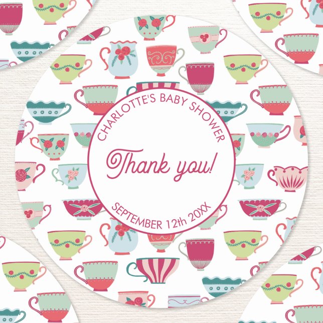 Adesivo Redondo Chá de fraldas do Tea Party Retro (Modern retro tea party baby shower thank you stickers)