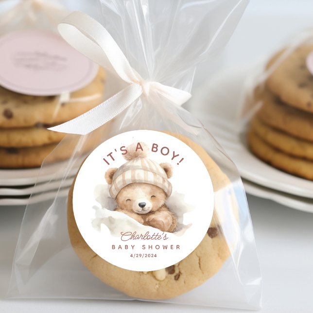 Adesivo Redondo Chá de fraldas do Urso de Ensino É um Menino (Criador carregado)