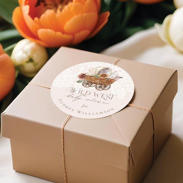 Adesivo Redondo Chá de fraldas do Vagão Floral Ocidental do Oeste  (Wild West Country Western Floral Wagon Baby Shower Classic Round Sticker)