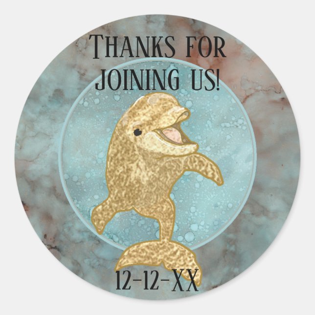 Adesivo Redondo Chá de fraldas "Dolphin Bebê Dourado" (Frente)