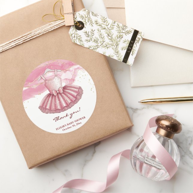 Adesivo Redondo Chá de fraldas Dourado de Brilhos Tutu Rosa (Presentear)