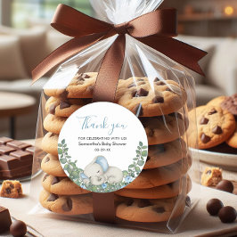 Adesivo Redondo Chá de fraldas Elefante Azul De Aquarela Obrigado