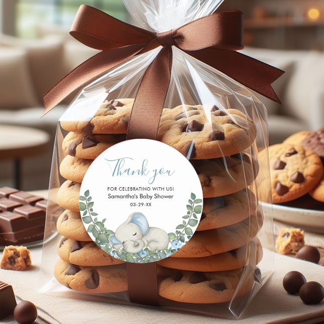 Adesivo Redondo Chá de fraldas Elefante Azul De Aquarela Obrigado (Criador carregado)