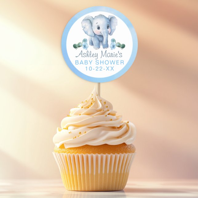 Adesivo Redondo Chá de fraldas Elefante Azul - Sa Aquarela (Baby Shower Favor Sticker)