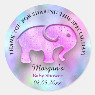 Adesivo Redondo Chá de fraldas Elefante Favor do Obrigado Hológraf