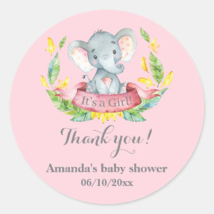 Adesivo Redondo Chá de fraldas Elefante Rosa, Obrigado Por