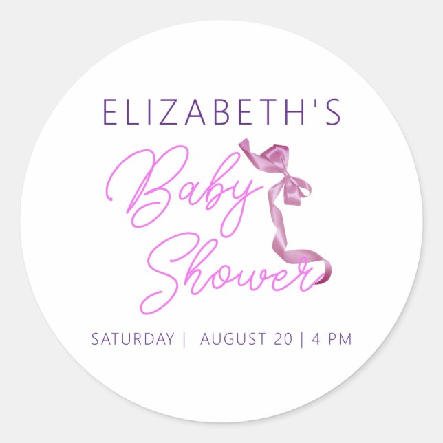 Adesivo Redondo Chá de fraldas Elegante Arco Púrpura de Coquette (Frente)