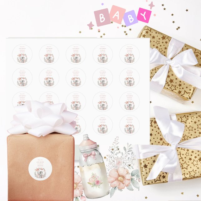 Adesivo Redondo Chá de fraldas Elegante de Elefante Rosa (Elegant Round Baby Shower Stickers)