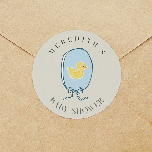 Adesivo Redondo Chá de fraldas Elegante de Fita Ducky (Elegant meets cute rubber ducky framed in a blue ribbon tied in a bow Baby Shower sticker..)