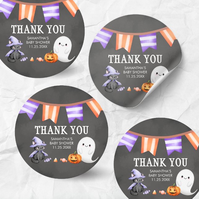 Adesivo Redondo Chá de fraldas Fantasma do Pequeno Boo Halloween (Halloween A Little Boo is Almost Due Ghost Baby Shower Sticker)