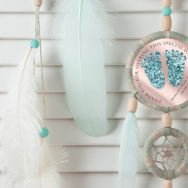 Adesivo Redondo Chá de fraldas Favor do Obrigado Glitter Rosa Glit (Baby Shower Favor Thank Glitter Rose Glitter Feet Classic Round Sticker)