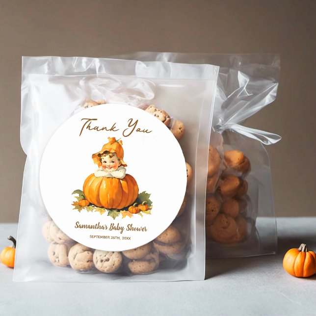 Adesivo Redondo Chá de fraldas Favor Obrigado Pequena Pumpkin Girl (Criador carregado)