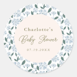 Adesivo Redondo Chá de fraldas Floral Azul Sage e Dusty Personaliz