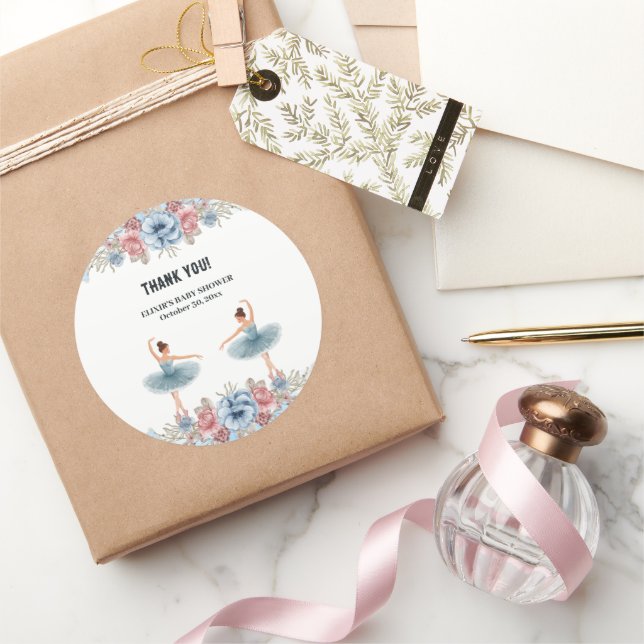 Adesivo Redondo Chá de fraldas Floral Ballerina, Cor Azul-Cura (Presentear)