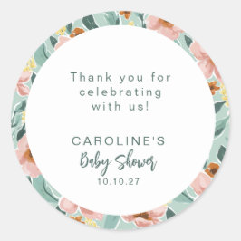 Adesivo Redondo Chá de fraldas Floral Cor-De-Rosa Rosa Mint Obriga