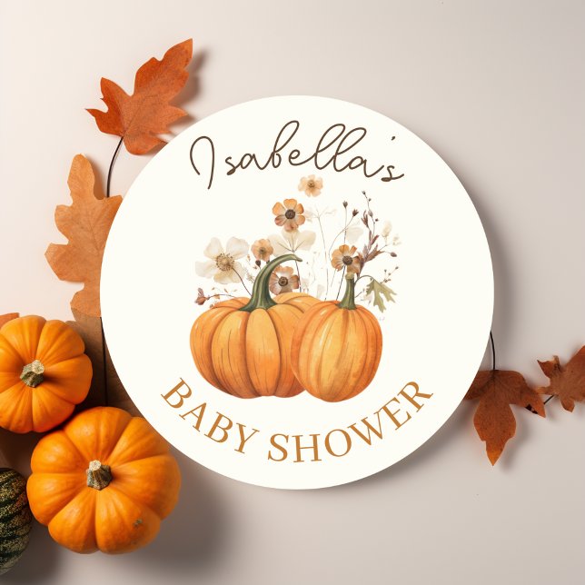 Adesivo Redondo Chá de fraldas Floral da Abóbora (Fall Pumpkin Floral Round Sticker)