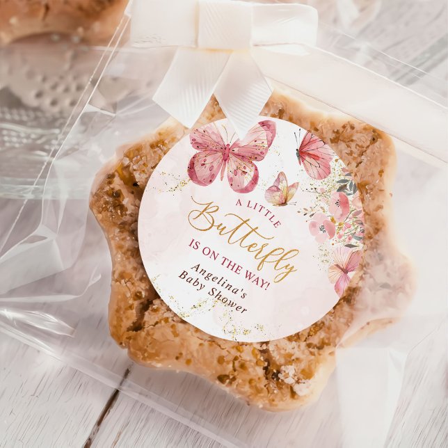 Adesivo Redondo Chá de fraldas Floral de Borboleta Rosa Boho (Criador carregado)