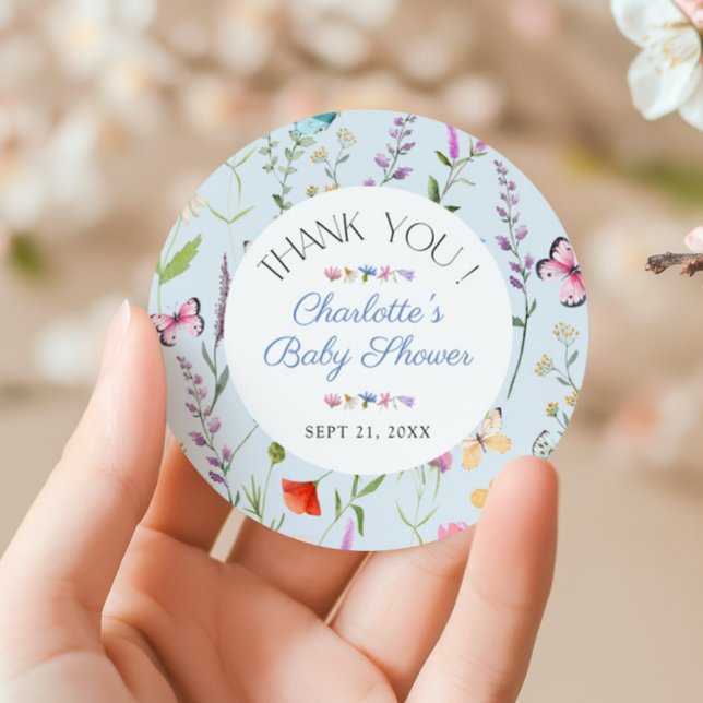 Adesivo Redondo Chá de fraldas Floral De Flor Selvagem Obrigado A  (Wildflower Floral Baby Shower Thank You Favor Classic Round Sticker)